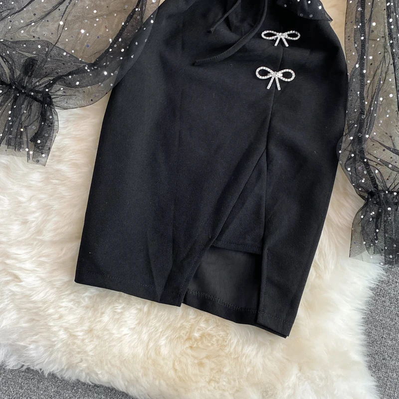 Coreano Sle Sexy Sparkling Me empalme cuello cuadrado abierto Split ceñido al cuerpo Dr otoño nueva llegada mujer de longitud media A-Line D...