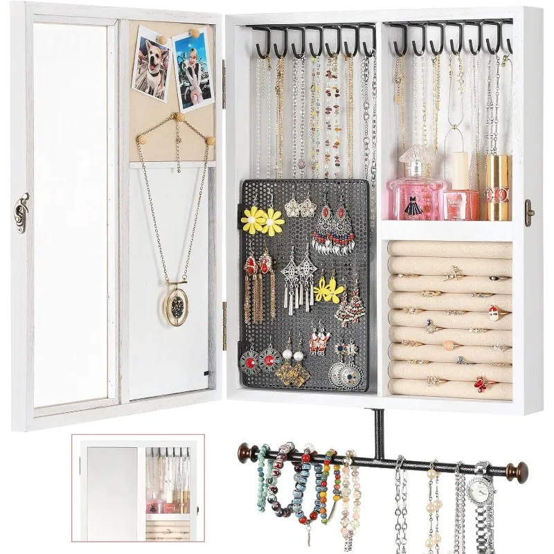 

Настенный органайзер для ювелирных изделий с большой шкафом для ювелирных изделий из дерева в деревенском стиле, держателем, ящиком для хранения ожерелий, сережек, B
