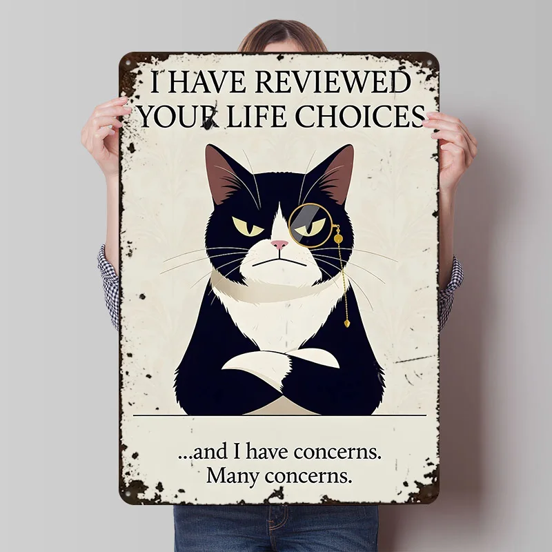 Cat Judging Life Choices Printed Poster Customized Retro Wall Art Vintage Metal Tin Signs for Coffee Bar Accessories Decor Room