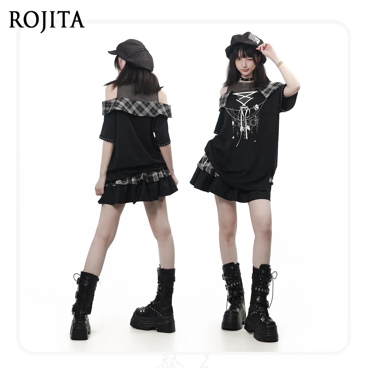 Gothic Off Shoulder Two Piece Stitching T-shirt Women Summer New Plaid Lapel Lace-Up Front Chain Decor Short Sleeve Top