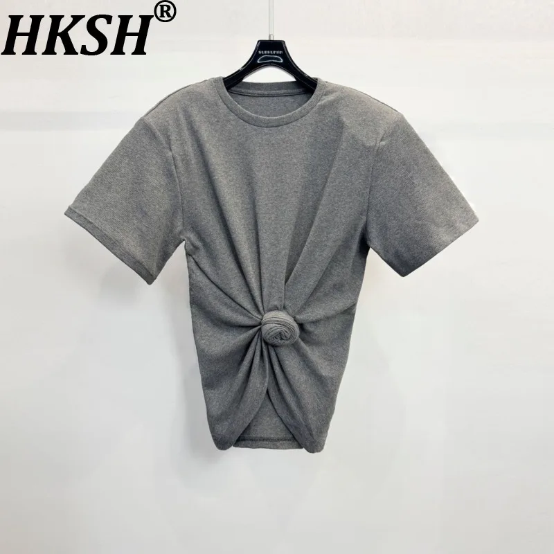 HKSH Women's T-shirt Dark Style Sexy Short Sleeve Twisted Design Expose Waist Casual Niche Solid Color O-Neck Cotton Top HK26522