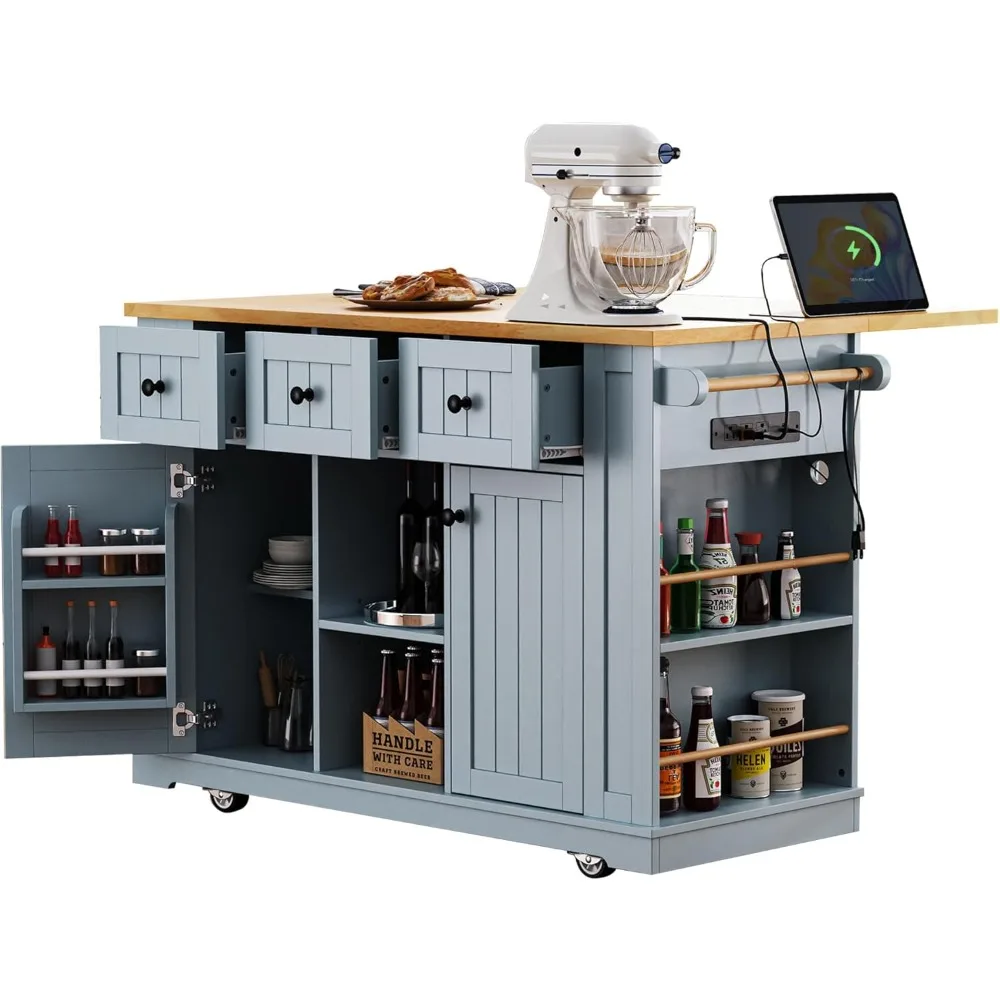 Rolling Kitchen Island Cart with Drop Leaf, Mobile Kitchen Island with Storage Cabinet, Charging Station, Open Spice Rack