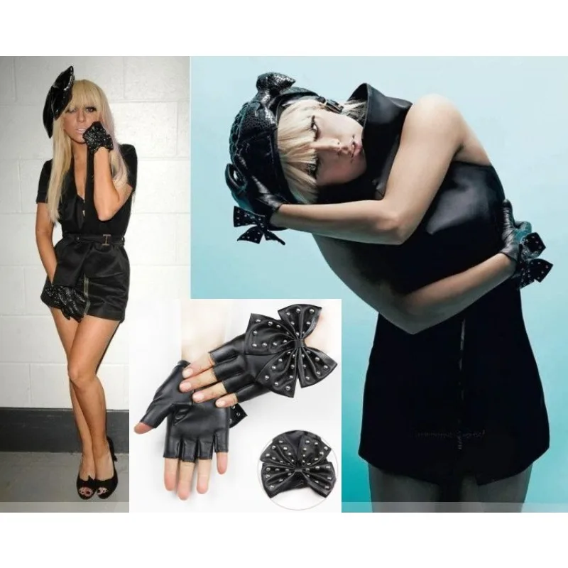 

Кожаные перчатки с половиной пальца, женские перчатки Gaga с заклепками и бантом из искусственной кожи для ночного клуба, танцев, перчатки с половиной пальца