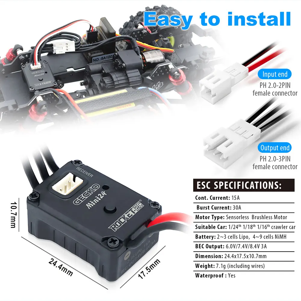 ROCKET-RC GECKO MINI24 ESC 1212 Silnik Bezszczotkowy Bezczujnikowy Combo Wodoodporny 6.0V/7.4V/8.4V BEC Do Samochodów RC 1/16 1/18 1/24