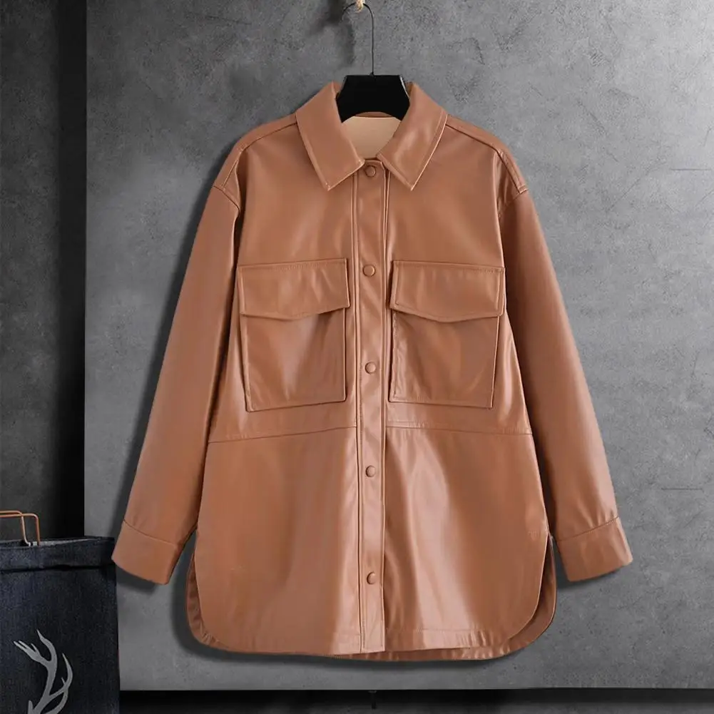 Women Spring Fall Jacket Smooth Faux Leather Lapel Windproof Long Sleeve Loose Pockets Split Hem Mid Length Cardigan Coat