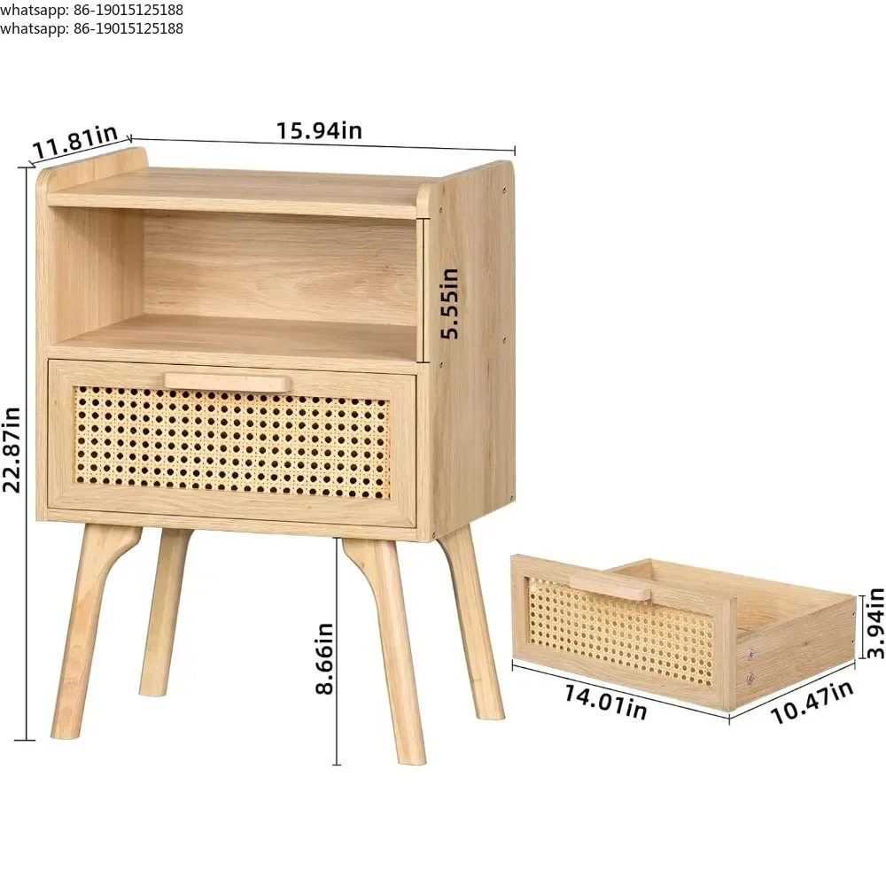2026 New  Boho Rattan Nightstand Woven Cane Table with Wood Legs Drawer & Open Shelf Bedroom Decorative Furniture