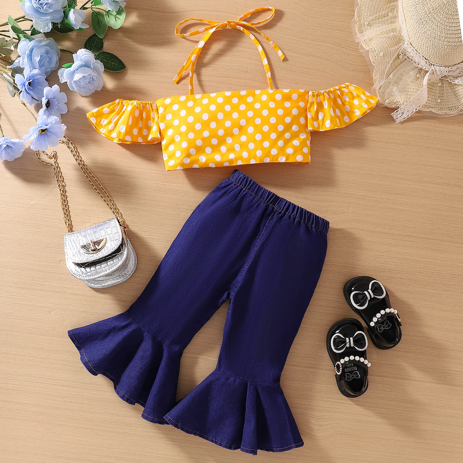 Summer Baby Girl Children Yellow Polka Dot Bra Strap+Denim Flared Pants