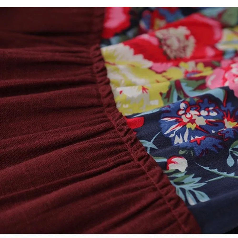 Style ethnique loisirs coton lin robes sans manches femmes été Floral Patchwork bohème ample grande balançoire Maxi longue robe