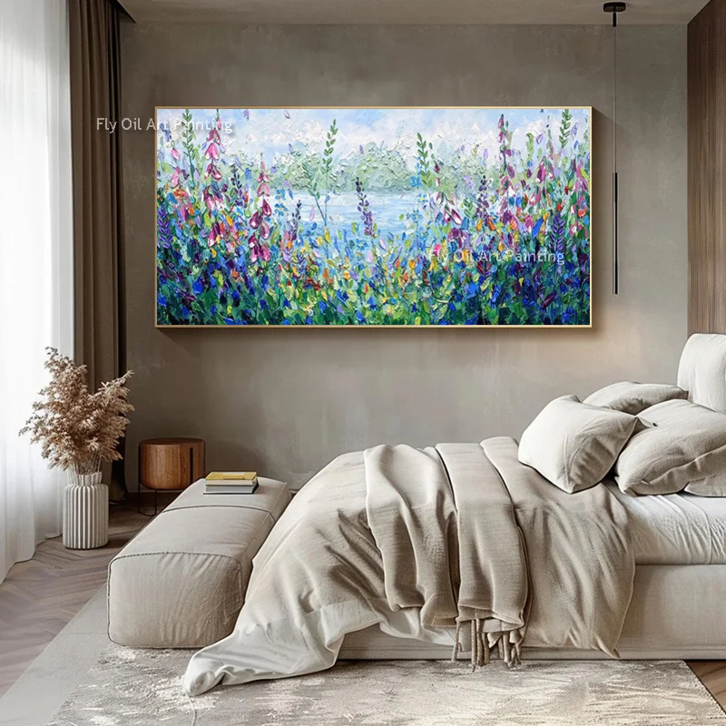 Large Blue Green Landscape Wall Art On Canvas Handpainted New Original Purple Blue Flowers Landscape Oil Painting For Room Decor