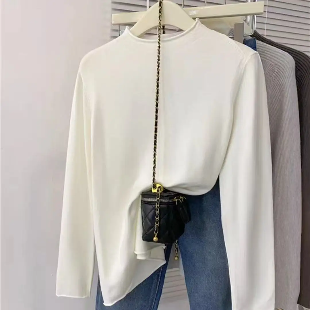 

2025 New Fashionable Interior Half High Neck Knitted Bottom Shirt for Women's Autumn Winter Versatile Small Long Sleeve Top Ins
