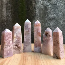 Natural Pink Amethyst Flower Agate Point Crystal Agate Geode Druzy Tower Wand Reiki Meditation Home Decoration Mineral Healing