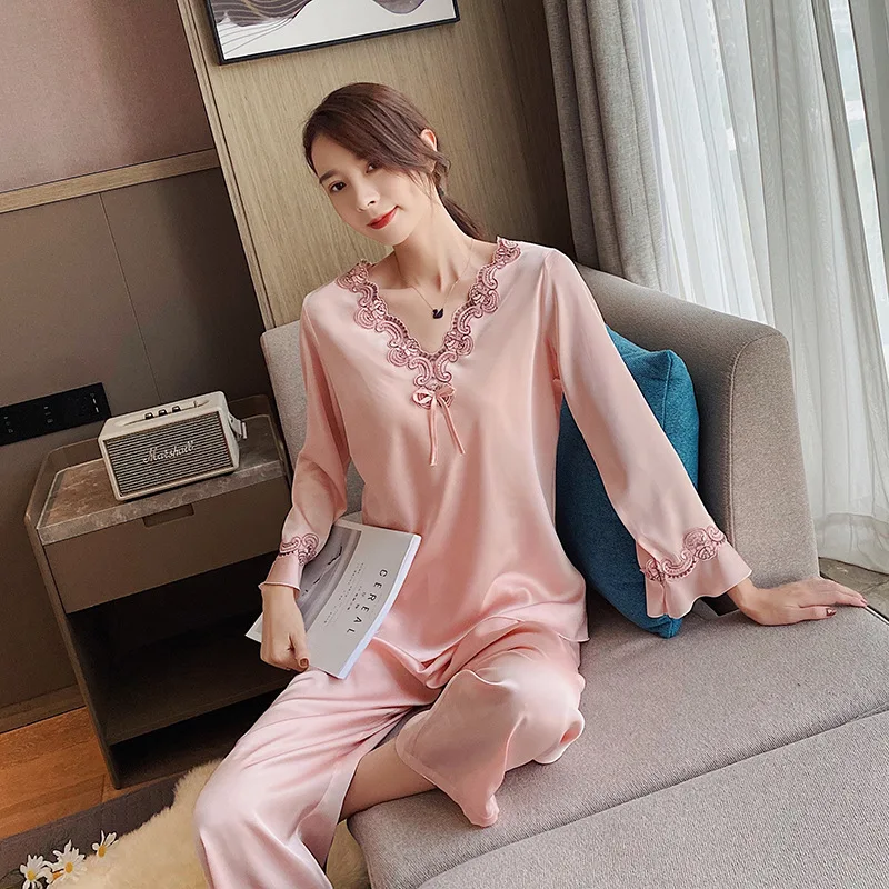 Korean Style Long Sleeve Lace Sleepwear Women Summer Ice Silk Thin Home Clothes Set V-Neck Polyester Fiber Ladies Pyjamas