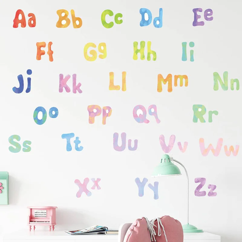 26 English Letters Wall Sticker PVC Self-adhesive Vinyl Murals Watercolor Alphabet Decals Kids Room Kindergarten Nursery Decor