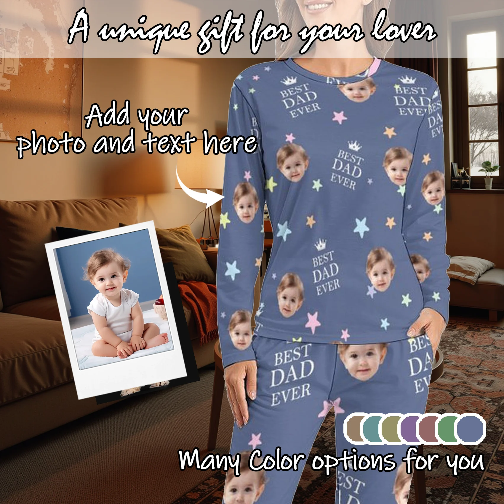 

Custom Women Pajamas with Face homewear Custom Women long Sleeve Pajama Set Personalized gift family couple pet