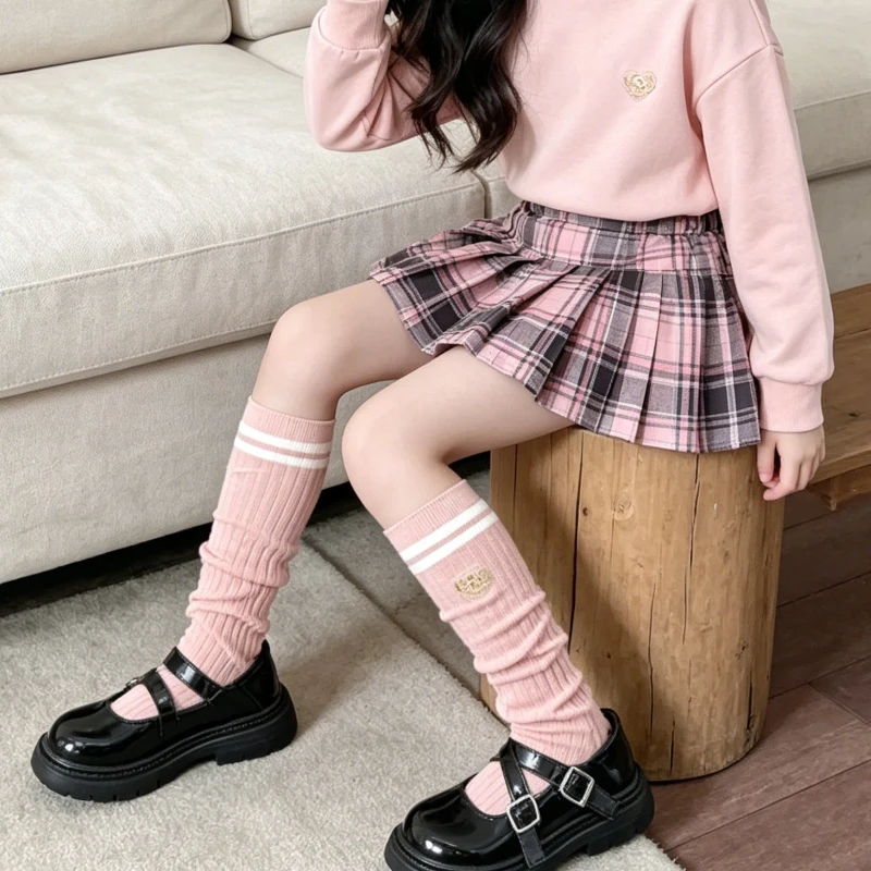 Classic Collegiate Over-the-Knee Socks for Little Girls Preppy Design Double Stripe Badge Embroidery Ribbed Cuff Knee High Socks