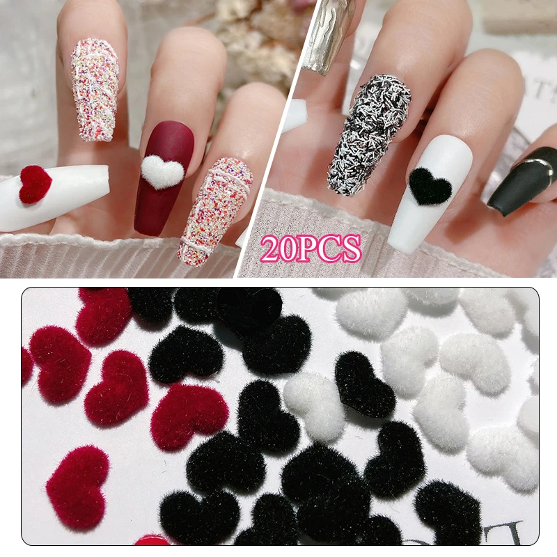 20pcs/pack Black/White/Red Love Heart Nail Charms 3d Fluffy Cute Heart Nail Design Decorations DIY Nails Art Accessories