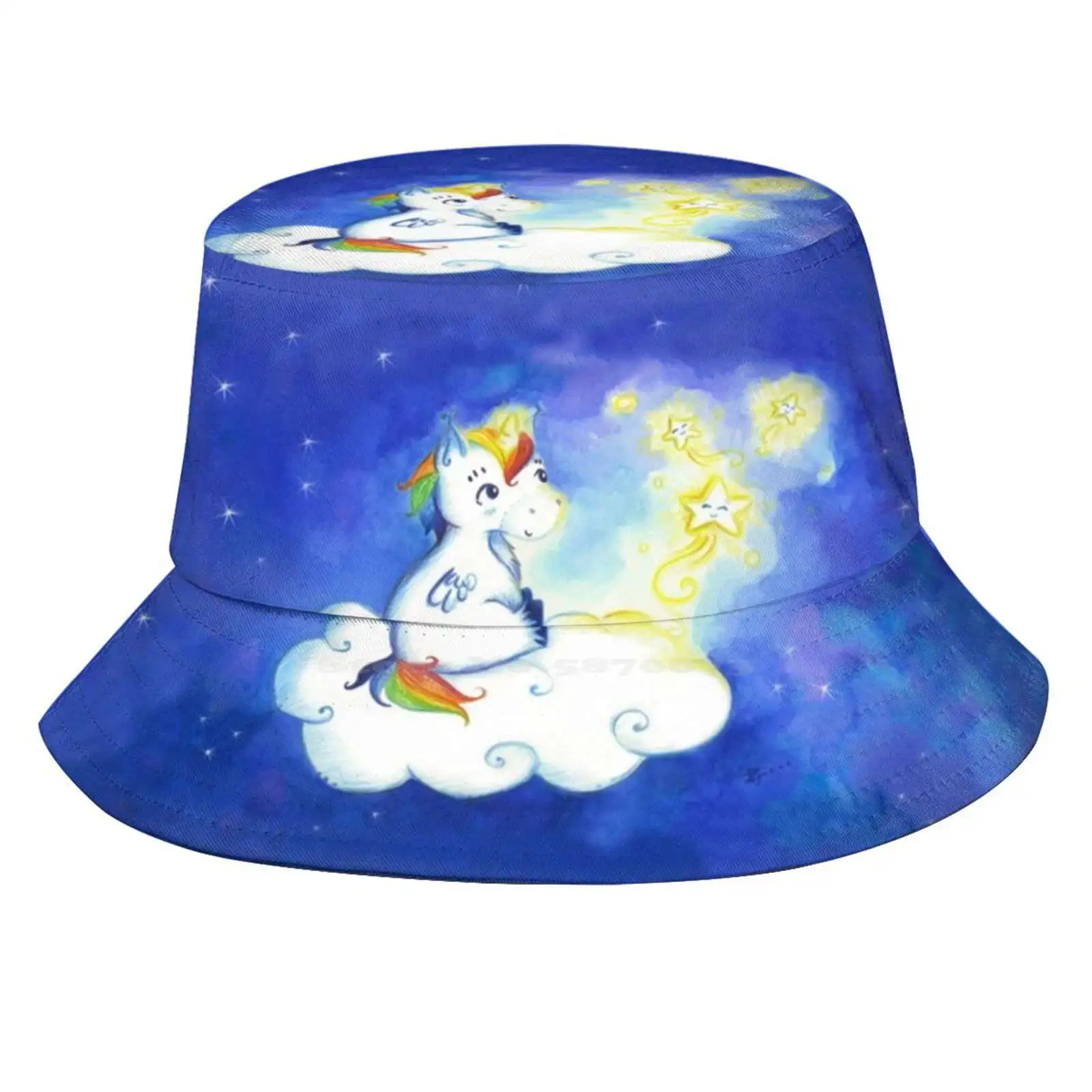 Unicorn Rainbow On A Cloud In The Stars Sun Cap Fisherman Hat Bucket Hats Unicorn Rainbow Cloud Star Poetic Cute Kawaii Small