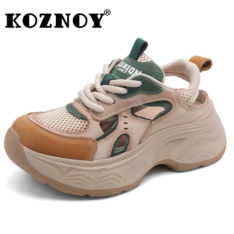 

Koznoy 6cm Air Mesh Suede Genuine Leather Hollow Vulcanize Mixed Color Hollow Chunky Sneakers Loafer Sandals Women Summer Shoes