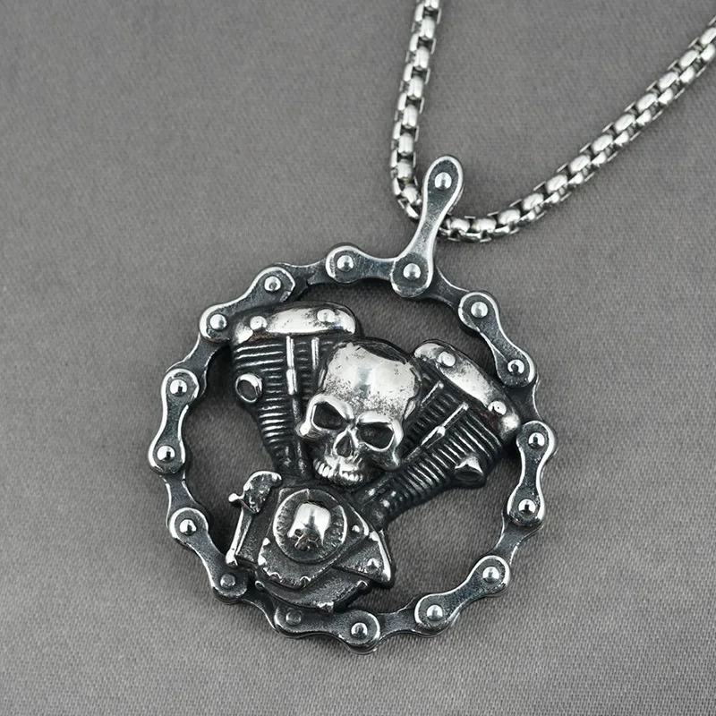 Retro Punk Wind Mechanical Chain Engine Skull Disc Pendant Necklace Men\\\'s Hip Hop Gothic Motorcycle Jewelry Wholesale