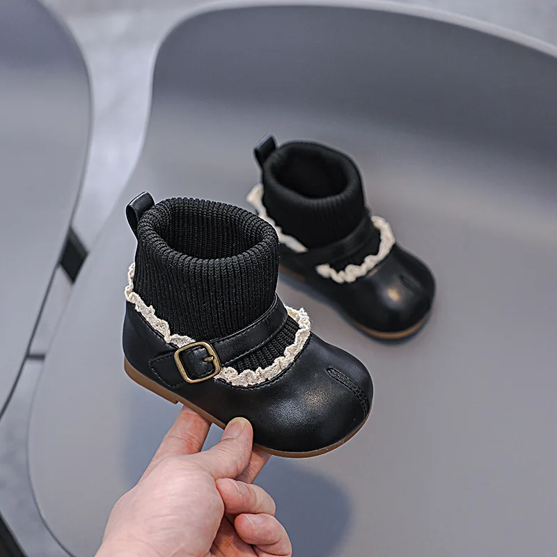 

Кожаные туфли принцессы для девочек, осенне-зимняя мягкая подошва, высокие сапоги Мэри Джейн на теплой подкладке, противоскользящая, дышащая резиновая подошва