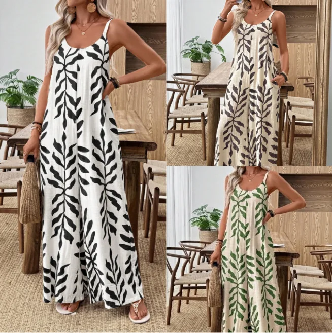 Ladies Boho Leaf Print Sleeveless Maxi Dress Strappy Relaxed Fit Long Vacation Dress with Pockets