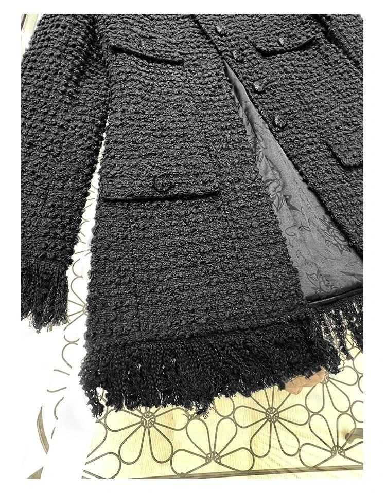 Brand New 2023 Autumn Winter Chic Women High Quality Vintage Tassels Elegant Black Tweed Coat F277