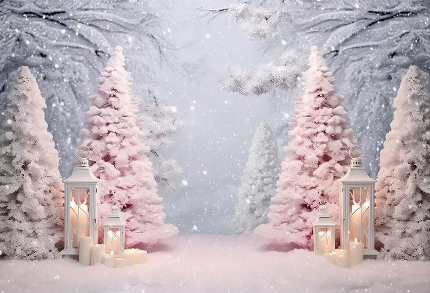 Mehofond Winter Pink Pine Forest Snow Deer Scenic Photo Backgrounds Christmas Kids Candle Snowflake Photography Backdrops Studio