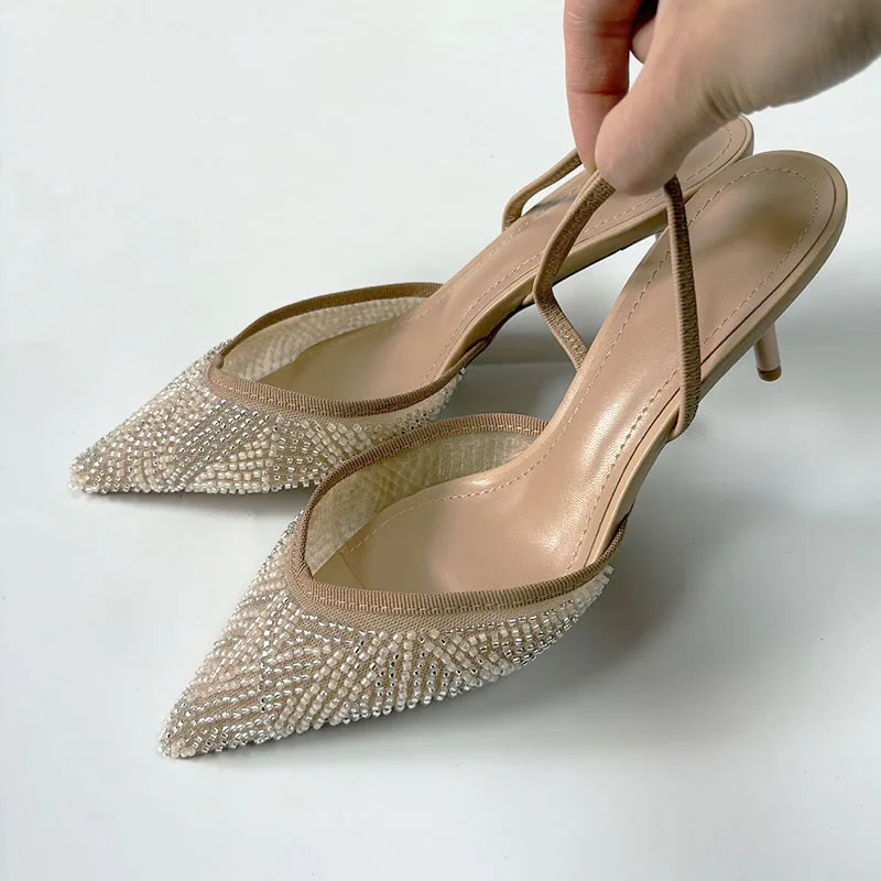

Pointed Toe Slingback Heeled Sandal Elegant Wedding Ladies Shoes Summer Luxury Fashion String Bead High Heels Pumps Women Mules
