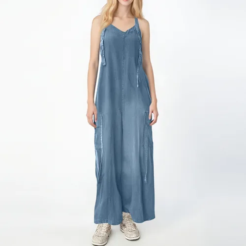 Mono holgado para mujer, elegante mono sin mangas con piernas anchas, múltiples bolsillos, diseño con cuello en V para uso diario informal