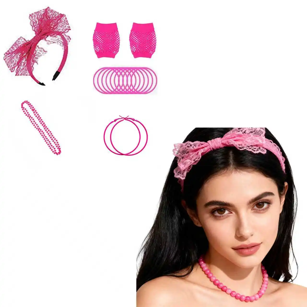

80s Costume Accessories for Women Lace Headband Earrings Fishnet Gloves Necklace Bracelet for 80s Retro Party