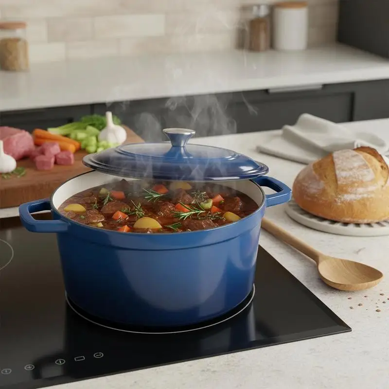 Enameled Cast Iron Dutch Oven, 6 Quart Pot with Lid and Dual Handles, Heavy-Duty Durable Cookware Pan, Oven Induction Compatible up to 500℉, for Braising, Stews, Roasting, Bread Baking, Blue