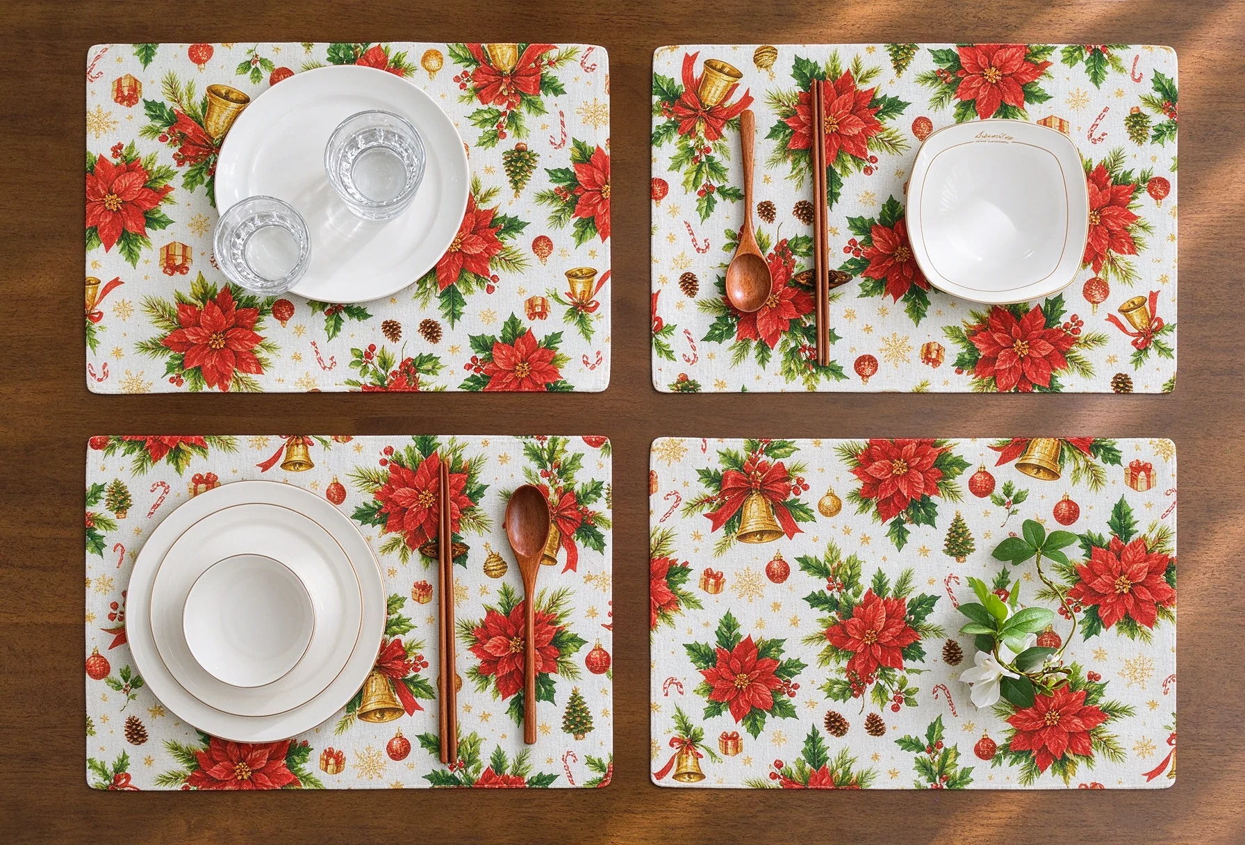 2026 Christmas Linen Placemat Set of 4/6 + Table Runner Poinsettia & Golden Bell Printed New Year Dining Table Decor