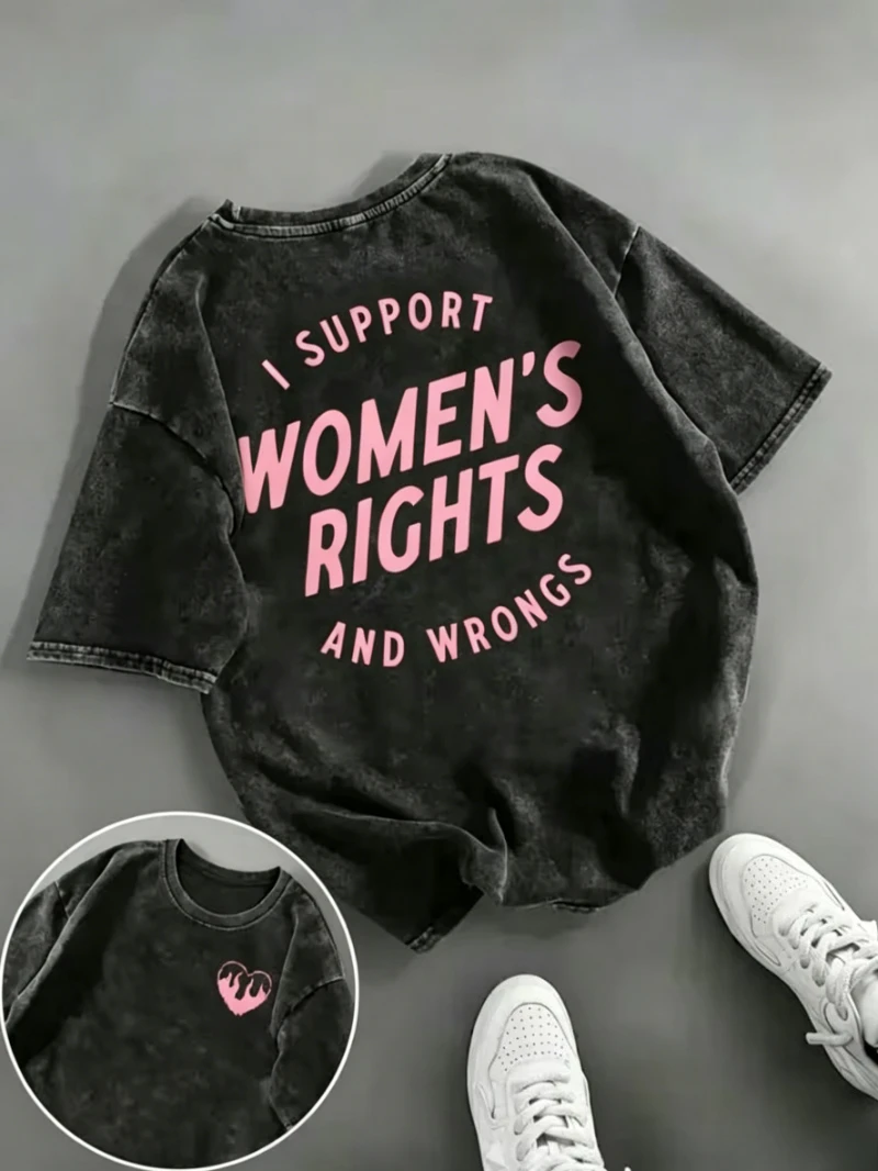 Women's Rights Slogan Melt Heart Graphic T-Shirt, Loose Retro Washed Tee For Unisex Wear Trendy Modern Urban Daily Fashion
