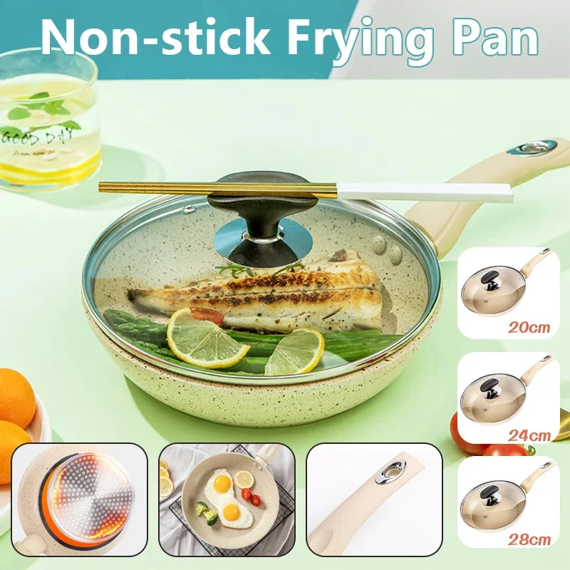 【Ship in 48h】20/24/28CM Non-stick Frying Pan with Lid Kitchen Cookware Set Maifan Stone  Deep Pan Suitable for All Stove