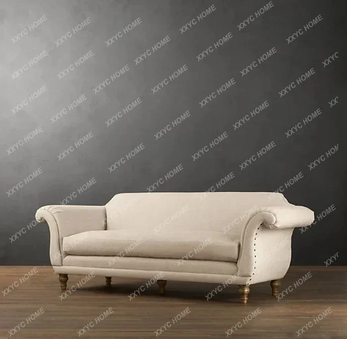 A  Asmt52American country French retro hotel fabric sofa linen single double triple fabric living room sofa