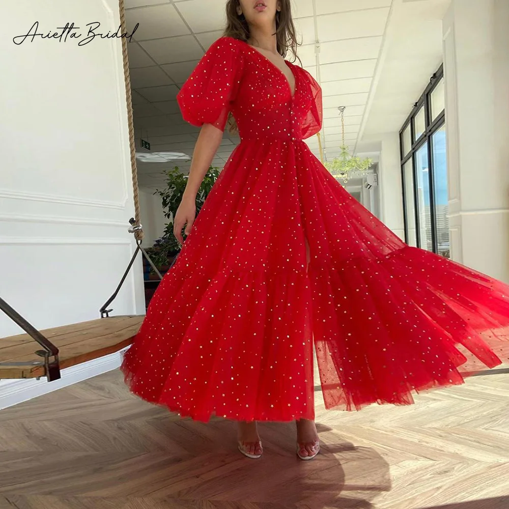 

Arietta Red Starry Tulle Midi Prom Dresses Deep V-Neck Half Sleeves Tea-Length A-Line Prom Party Gowns Formal Occasion Dresses