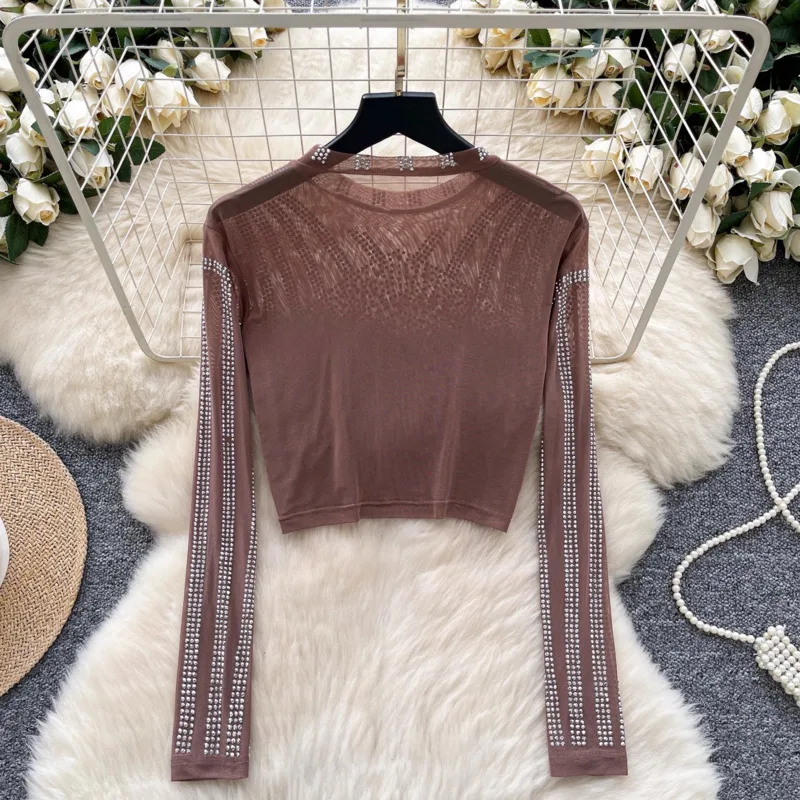 Hksh primavera outono novas mulheres camiseta curta o pescoço mangas compridas artesanato pesado cravejado diamantes pura sexy camiseta high-end topos hk16451