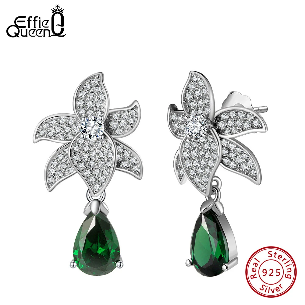 Effie Queen 925 Sterling Silver Flower Dangle Earrings Created Emerald With 5A Cubic Zirconia May Birthstone Party Present LZE37