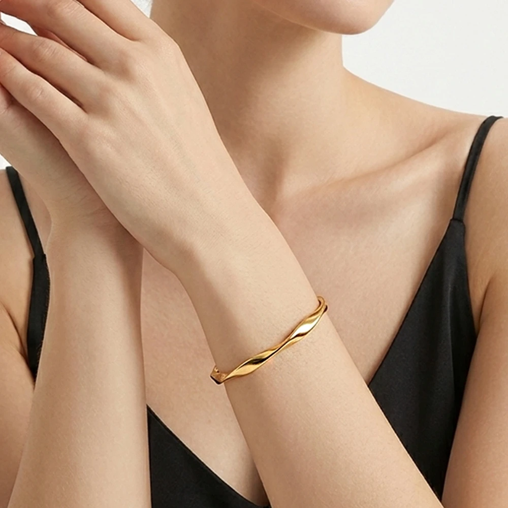 Stainless Steel Mobius Twist Open Cuff Bangle, 18K Gold & Silver Plated Minimalist Bracelet, Stackable Jewelry for Women