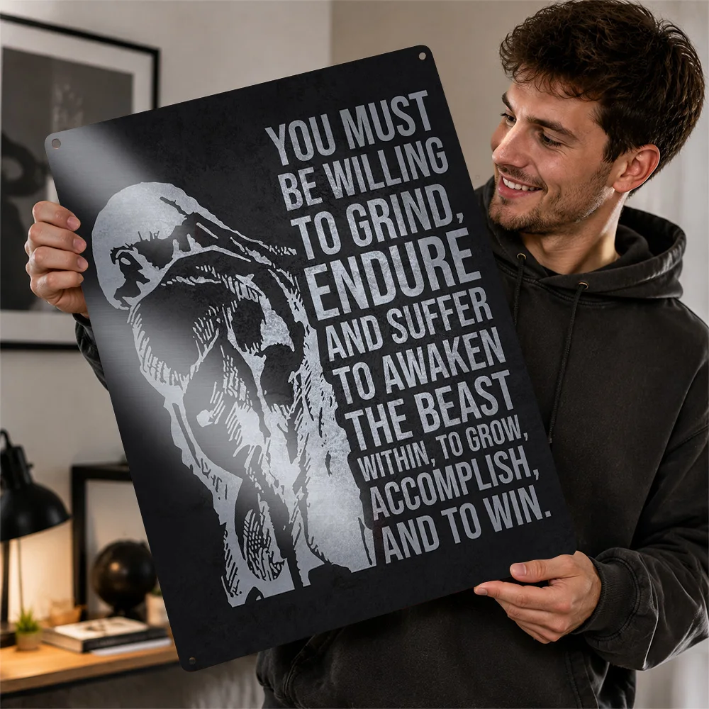 Endure Warrior Helmet Quote Textured Metal Poster Bold Graphic Wall Art For Training Studio Customized Aluminum Sign Coach Gift