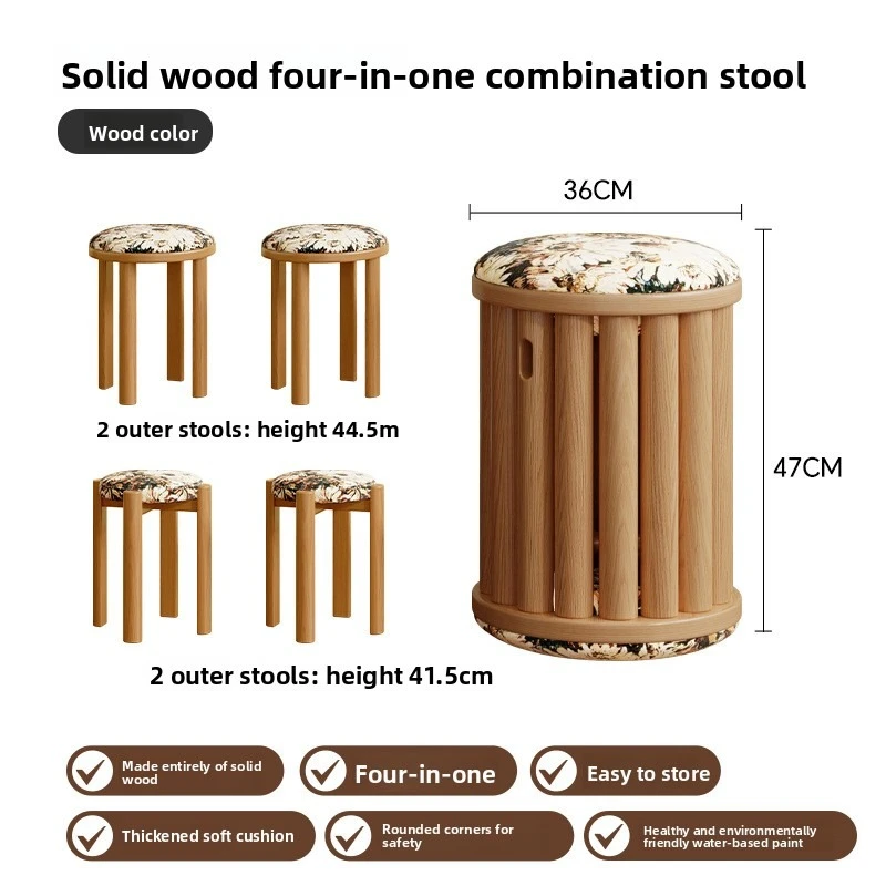 Retro style stackable round stool, 4 solid wood round stools, soft cushioned dining stool, dressing stool, leisure stool