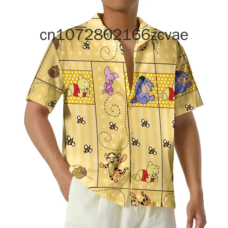 Disney Pooh Bear Hawaiian Shirt Disney Casual Fashion Button Short sleeved Hawaiian Shirt Men's and Women's Children's Shirt