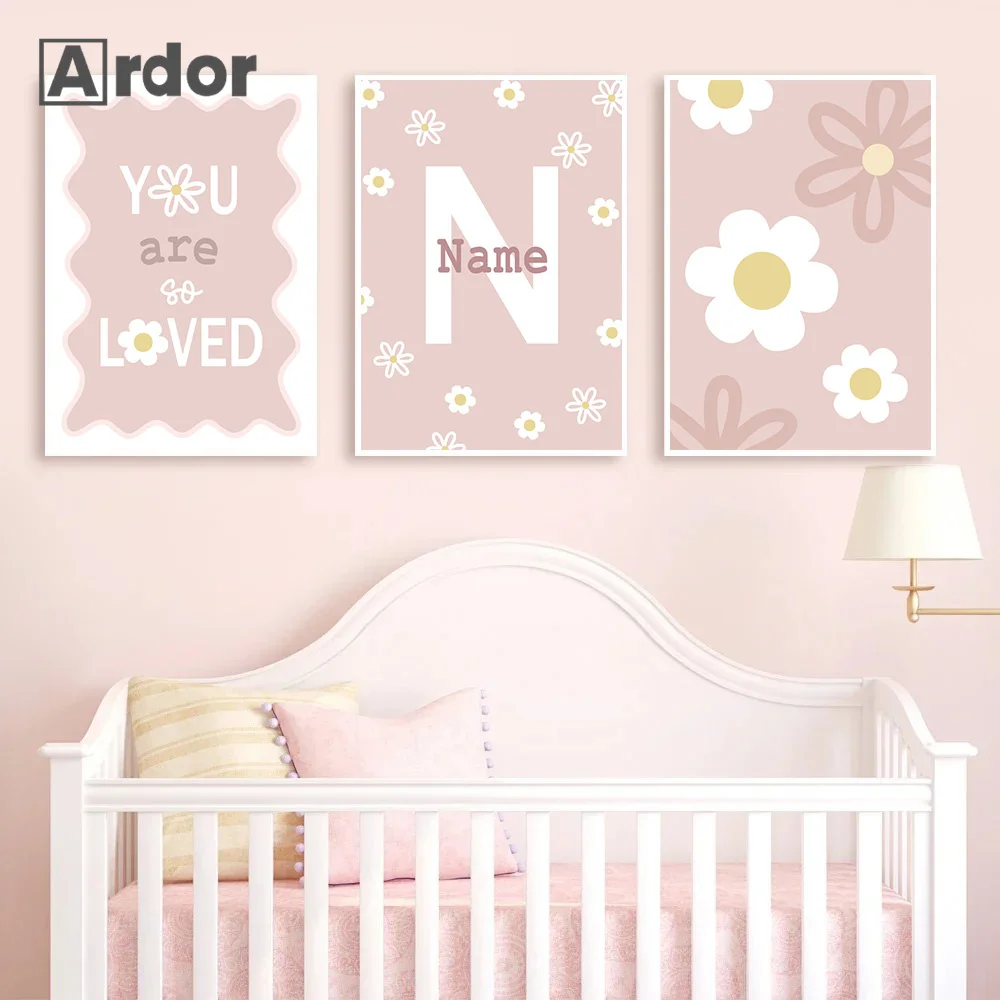 

Custom Name Poster Wall Art Pink Daisy Flower Canvas Painting Flower Daisy Sun Art Print Wall Pictures Girls Bedroom Home Decor
