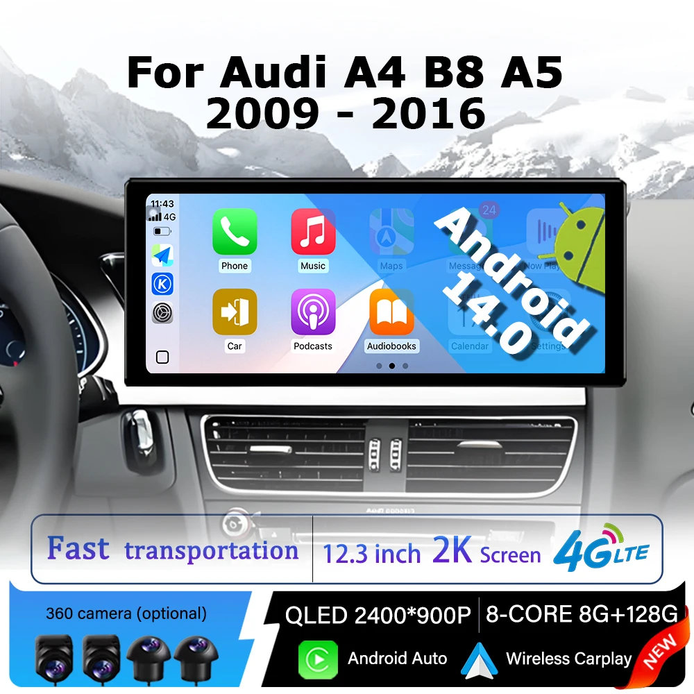 

Android 14 QLED Touch Screen for Audi A4 B8 A5 2009 - 2016 Car Radio Multimedia Stereo Player GPS Navi Bluetooth WiFi 4G Carplay