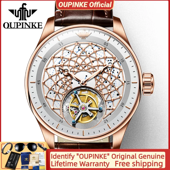 

OUPINKE Tourbillon Wristwatch Automatic Men Watches Skeleton Design Sapphire Mirror Original Leather Strap Watch for Man Luxury