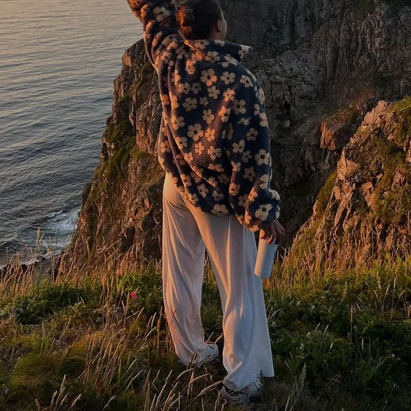 2025 outono inverno manga longa camisola topos lazer floral impresso solto commute pullovers elegante senhora gola com zíper topos