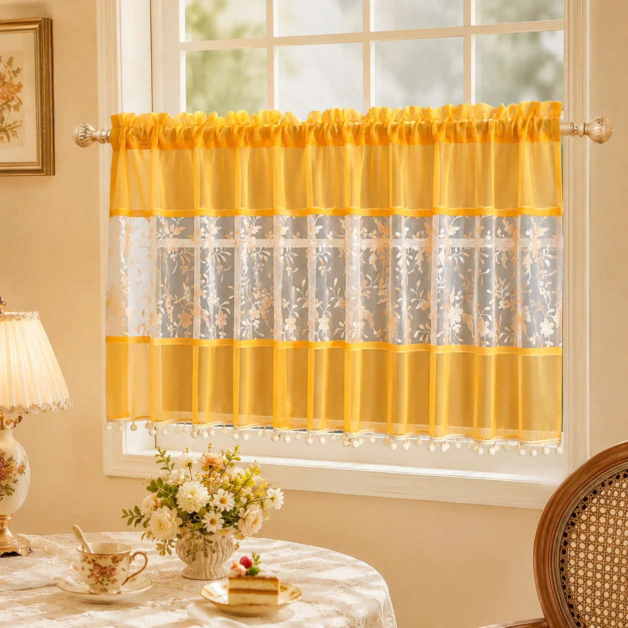 ستارة شفافة بيضاء بزخارف برتقا - مراجعة Embroidery Kitchen وسعره