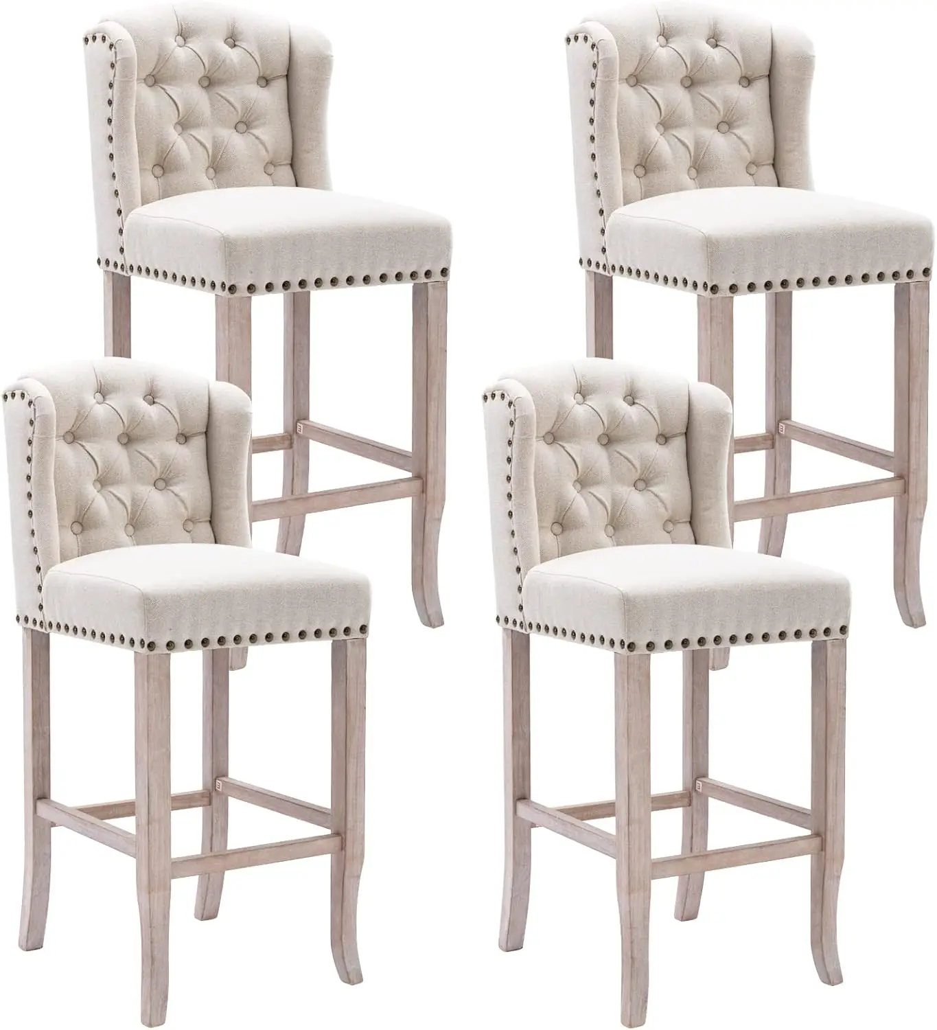 Classic Tufted 30 Inch Bar Stools Set of 4 Linen Upholstered Counter Chairs with Back Armless Barstools Breakfast Stools W/Solid