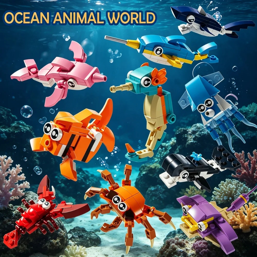 

KAVOWORLD 10 in 1 307pcs Marine Ocean Animal Building Blocks Mini Pocket Ocean Creative Bricks Toy for Kids Birthday Party Gifts