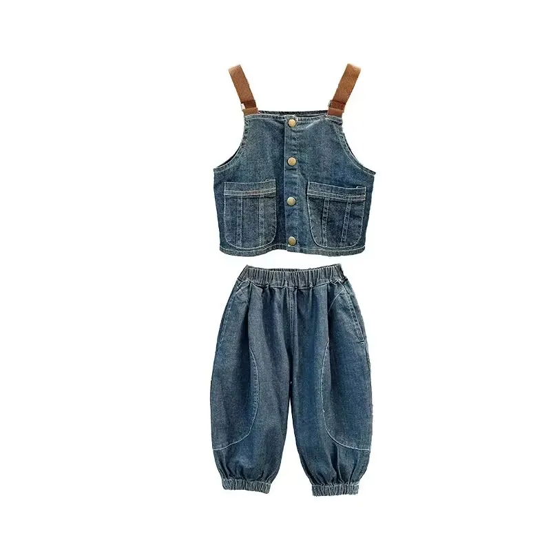 Kids Boys Autumn Set 2024 New Children\'s Strap Pants Denim Vest Shirt 3-piece Set Baby Casual Clothing Set